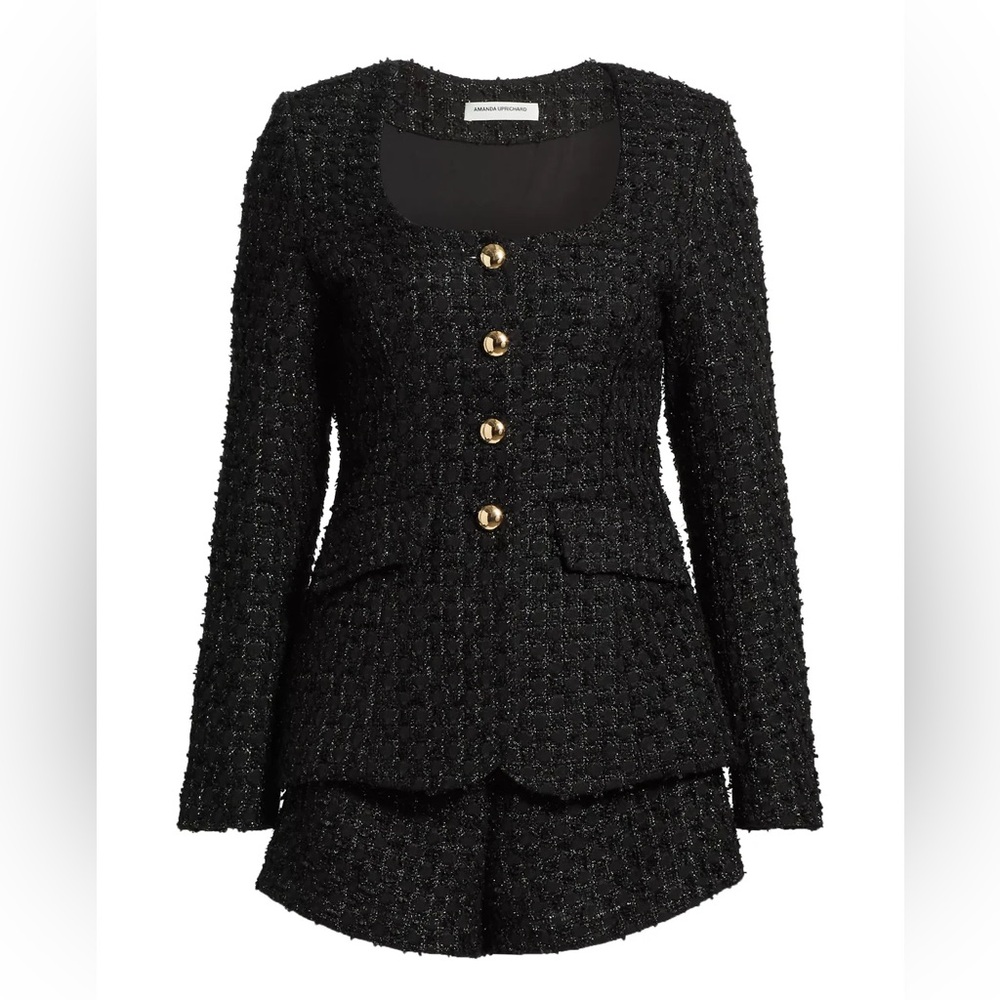 Amanda Uprichard Black Tweed Romper with Gold Buttons